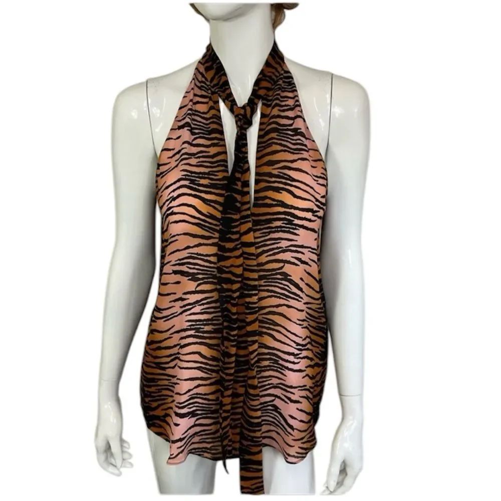A.L.C. Tiger Animal Print 100% Silk Front Tie Sleeveless Top Size 8